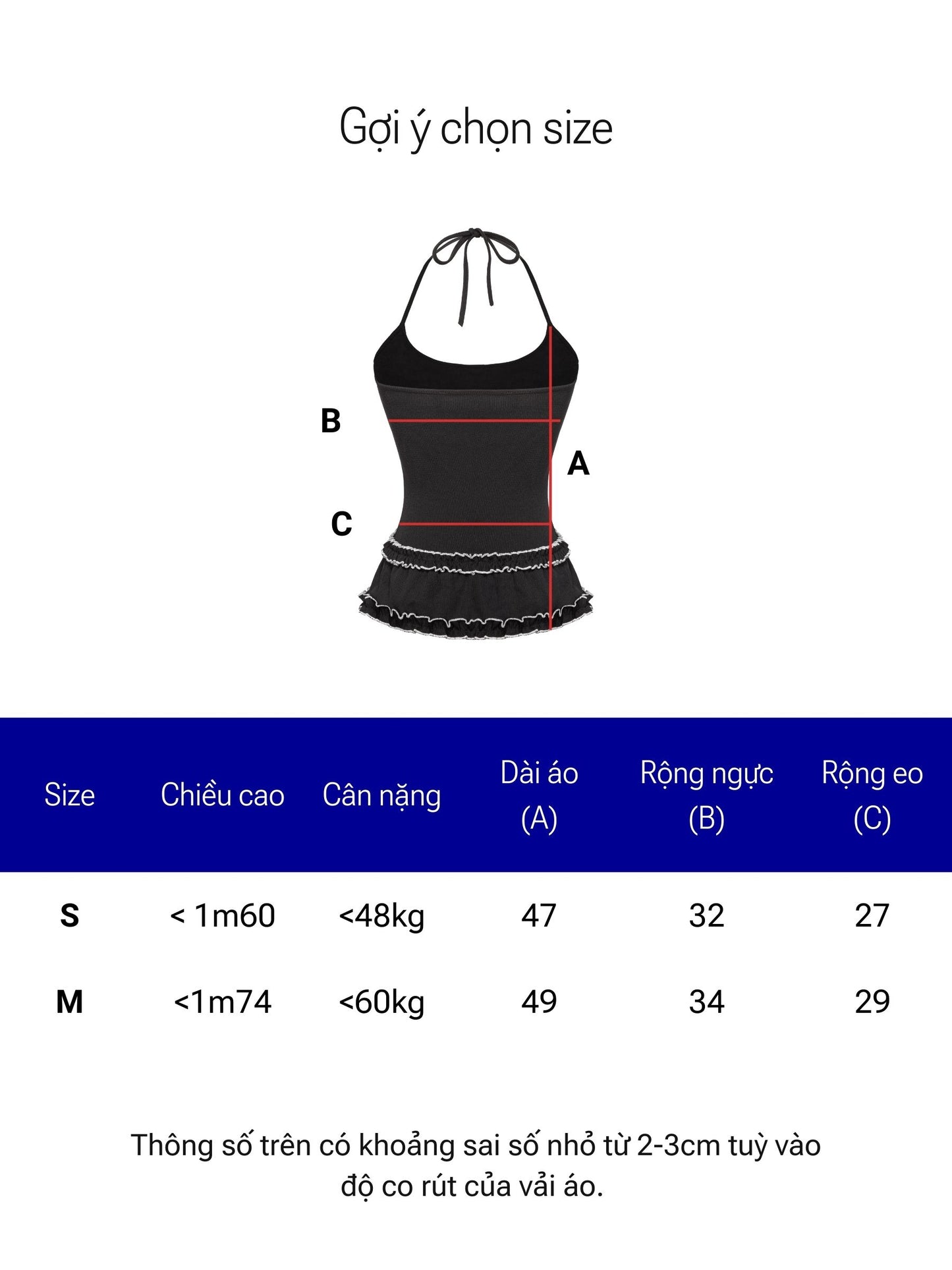 Size chart for a black dress with measurements labeled on a white background