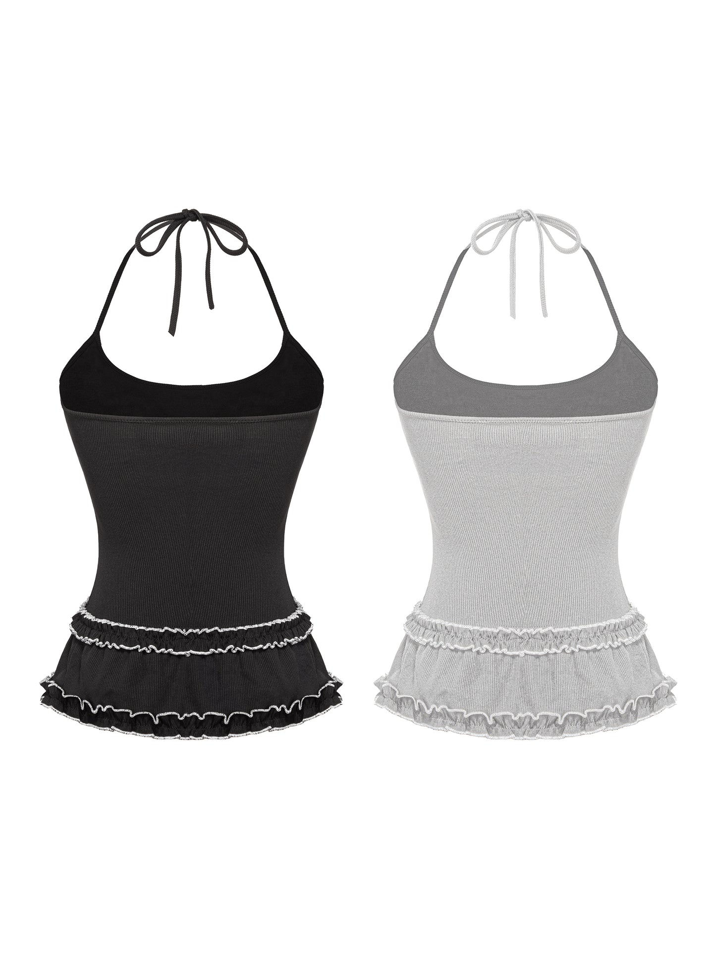 Black and gray halter tops with ruffled hem on a white background