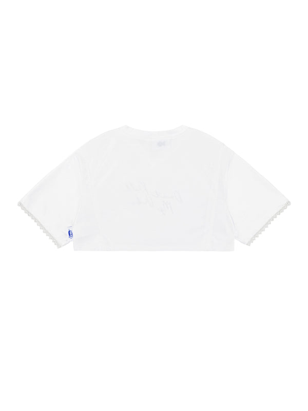 White t-shirt with a small logo on a white background