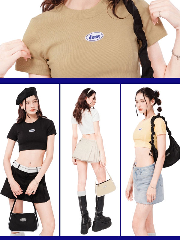 Collage of a person wearing a beige t-shirt with a logo, followed by images of a woman in various outfits.