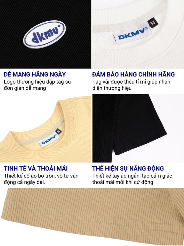Close-up of clothing with Dkmv logo and text describing product features.