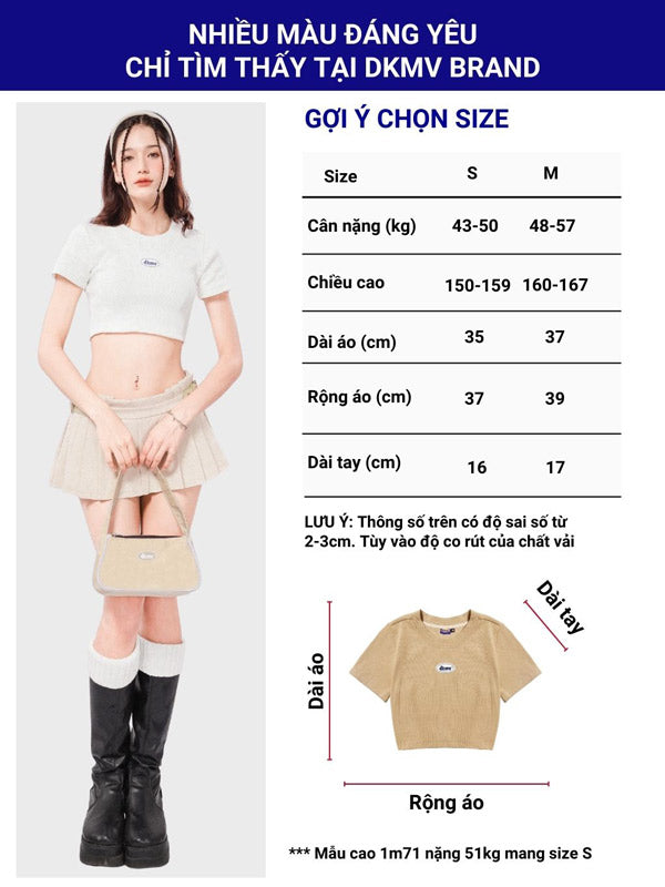 Size chart for a crop top and skirt with a model wearing the outfit, displayed against a white background.