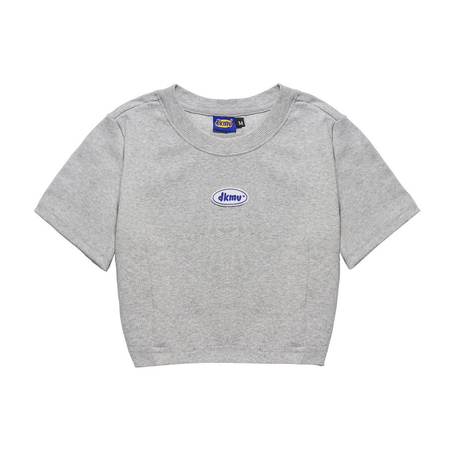 Gray crop top with a brand logo on a white background