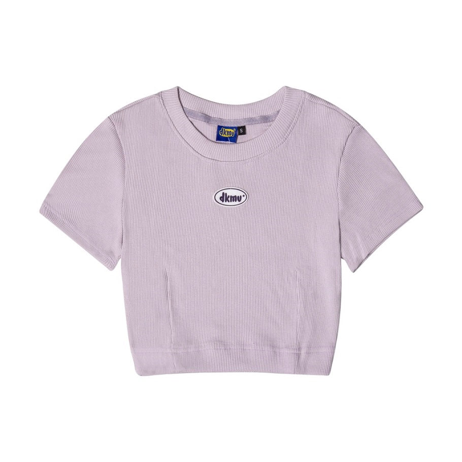 Purple ribbed t-shirt with a logo on a white background