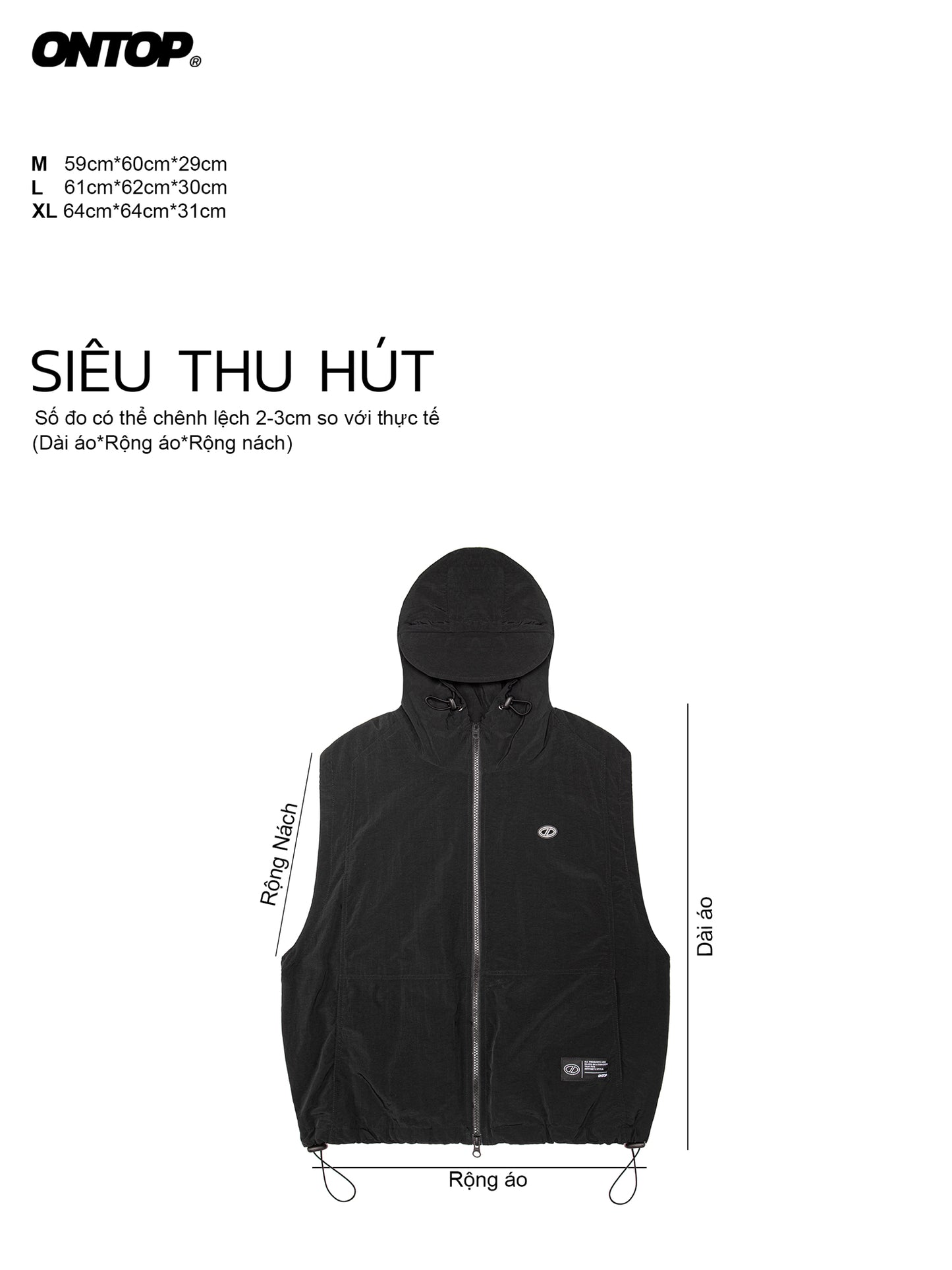 Black sleeveless jacket with hood on a white background, featuring measurements and brand name.