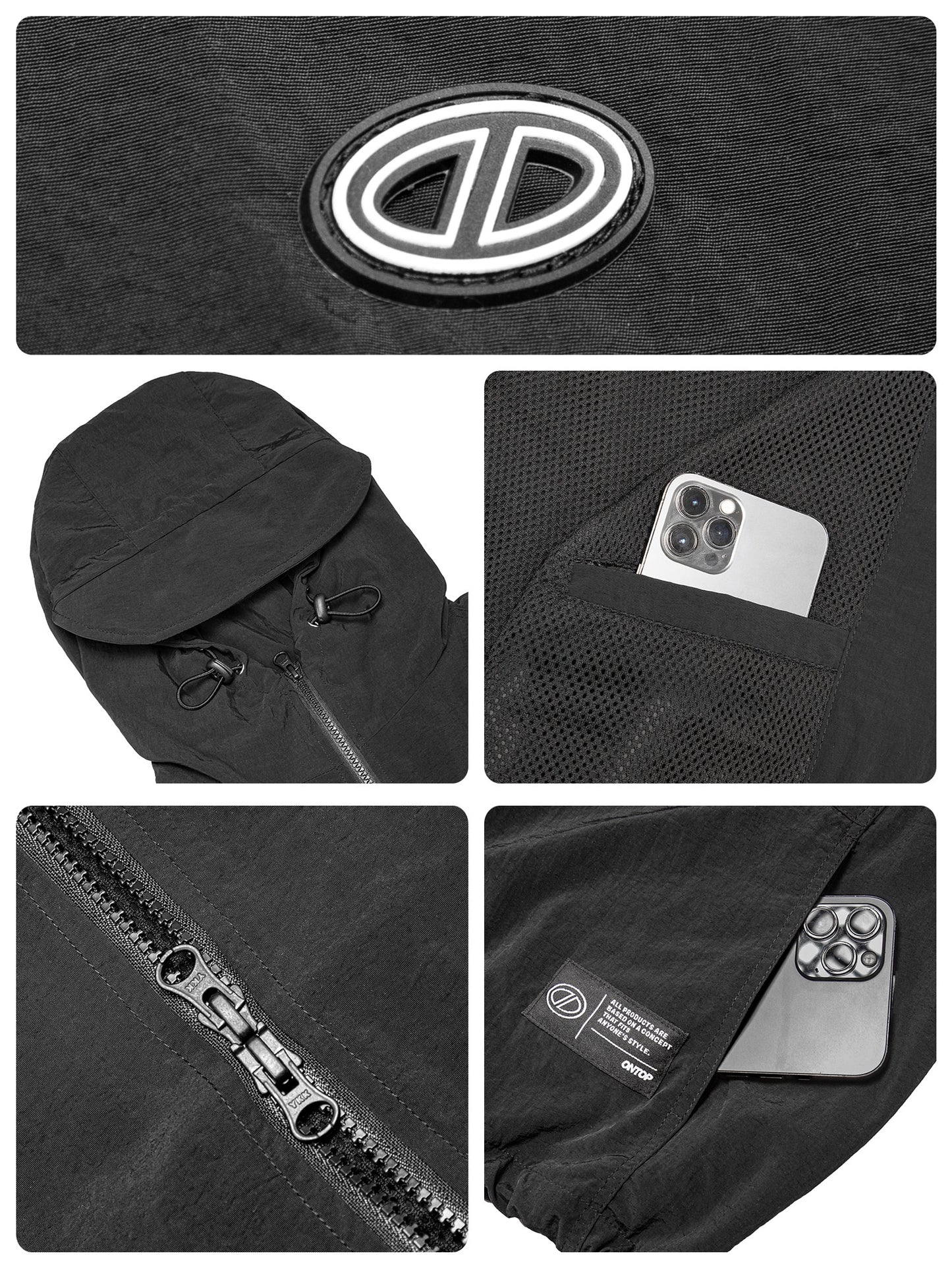 Black jacket with various features including a zipper, pocket, and brand logo.
