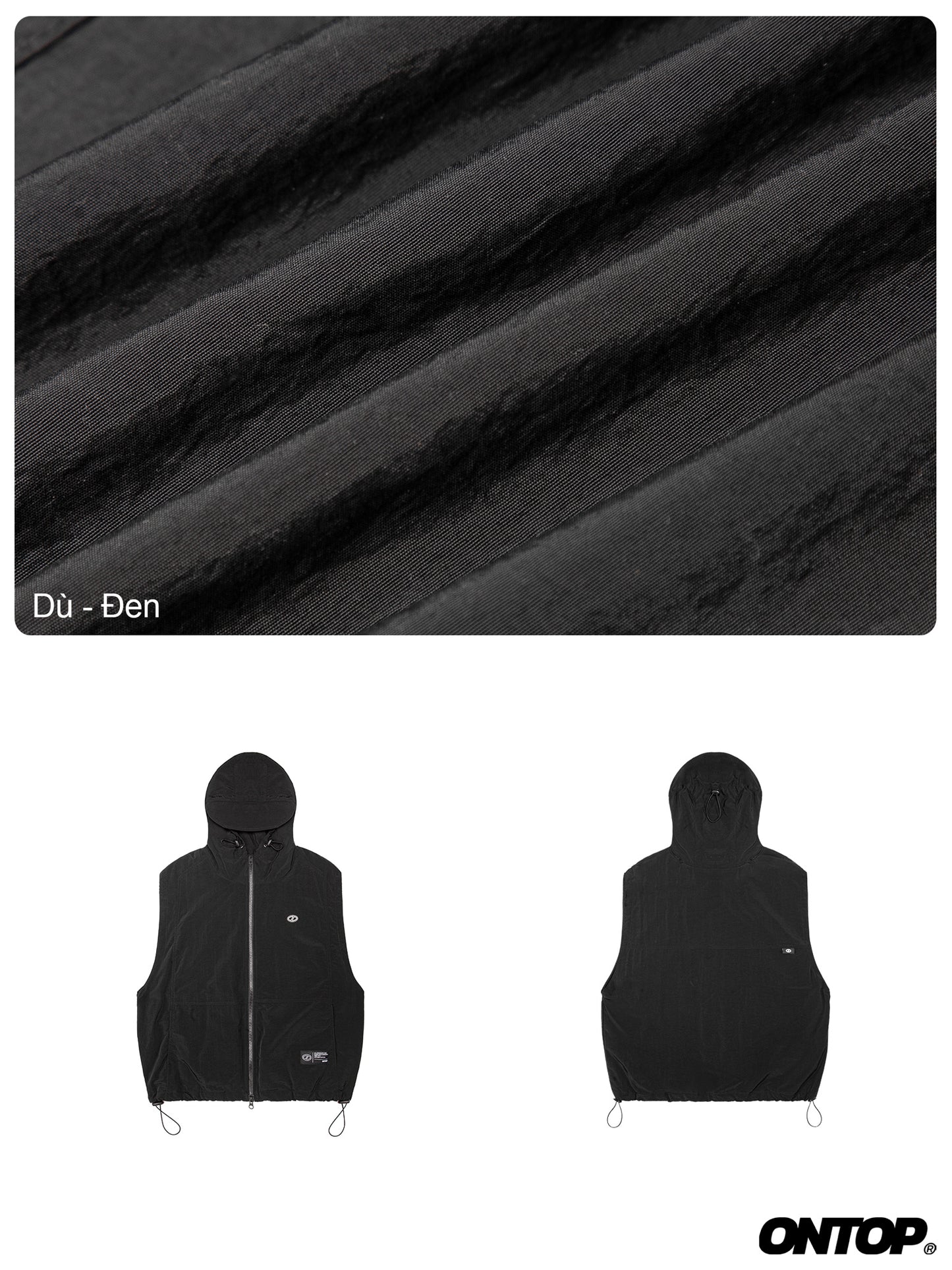 Black hooded vest with front and back views on a white background, featuring the brand 'ONTOP'.