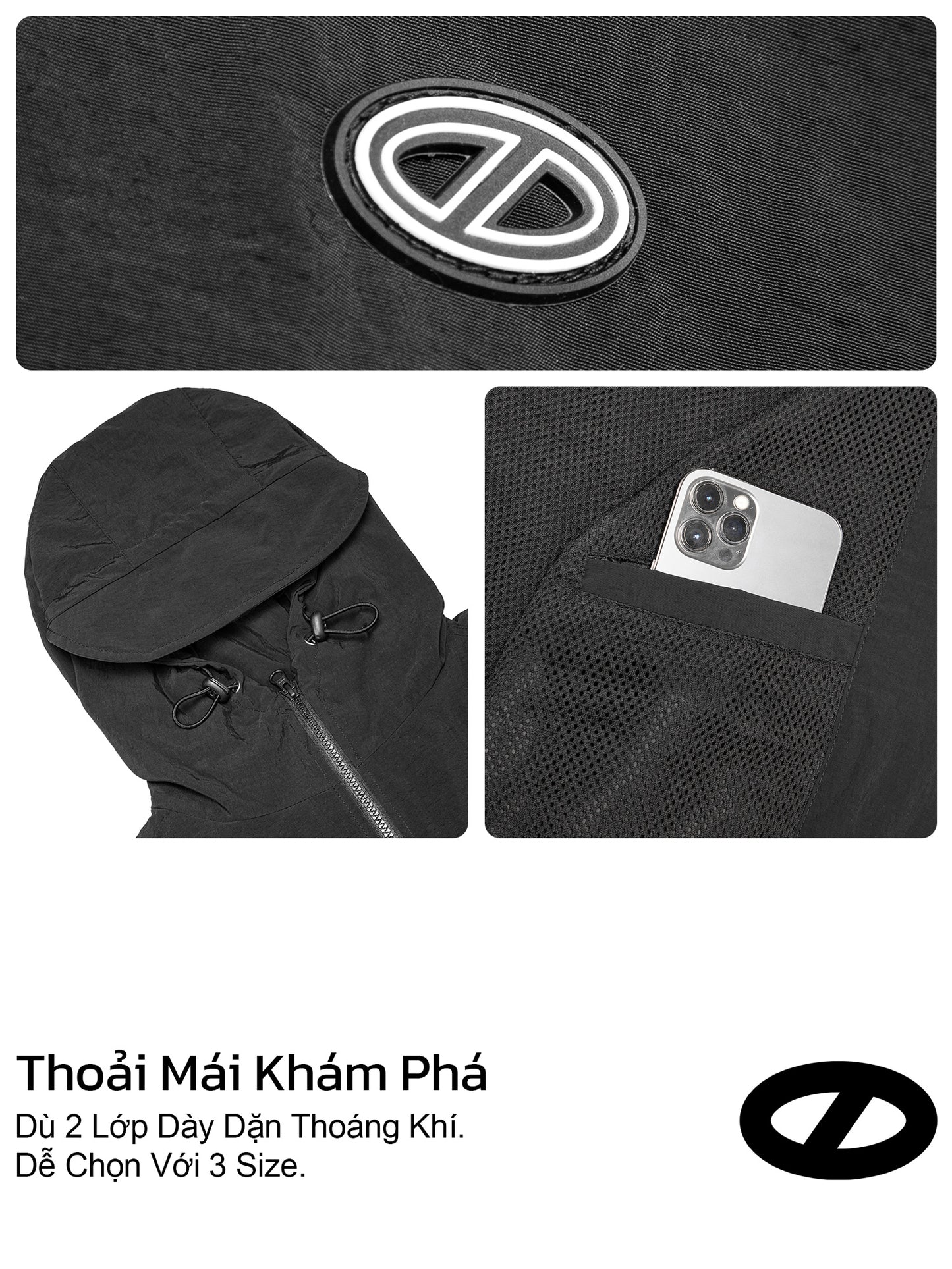 Black outdoor umbrella with a brand logo, pocket for a phone, and text in a foreign language.