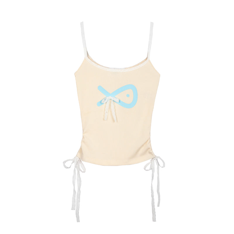 Beige tank top with a blue graphic on a white background