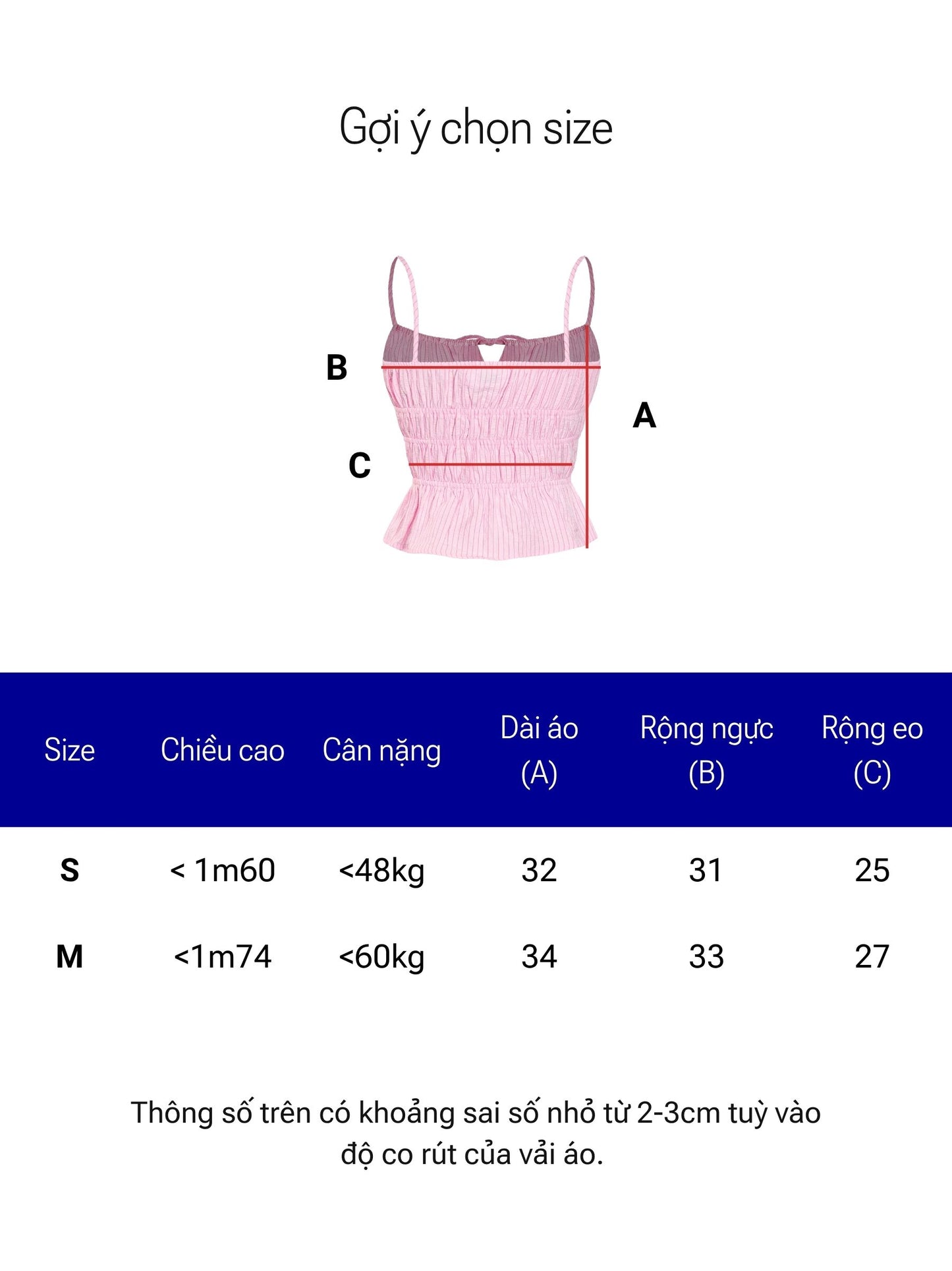Size chart for a pink tank top with measurements on a white background