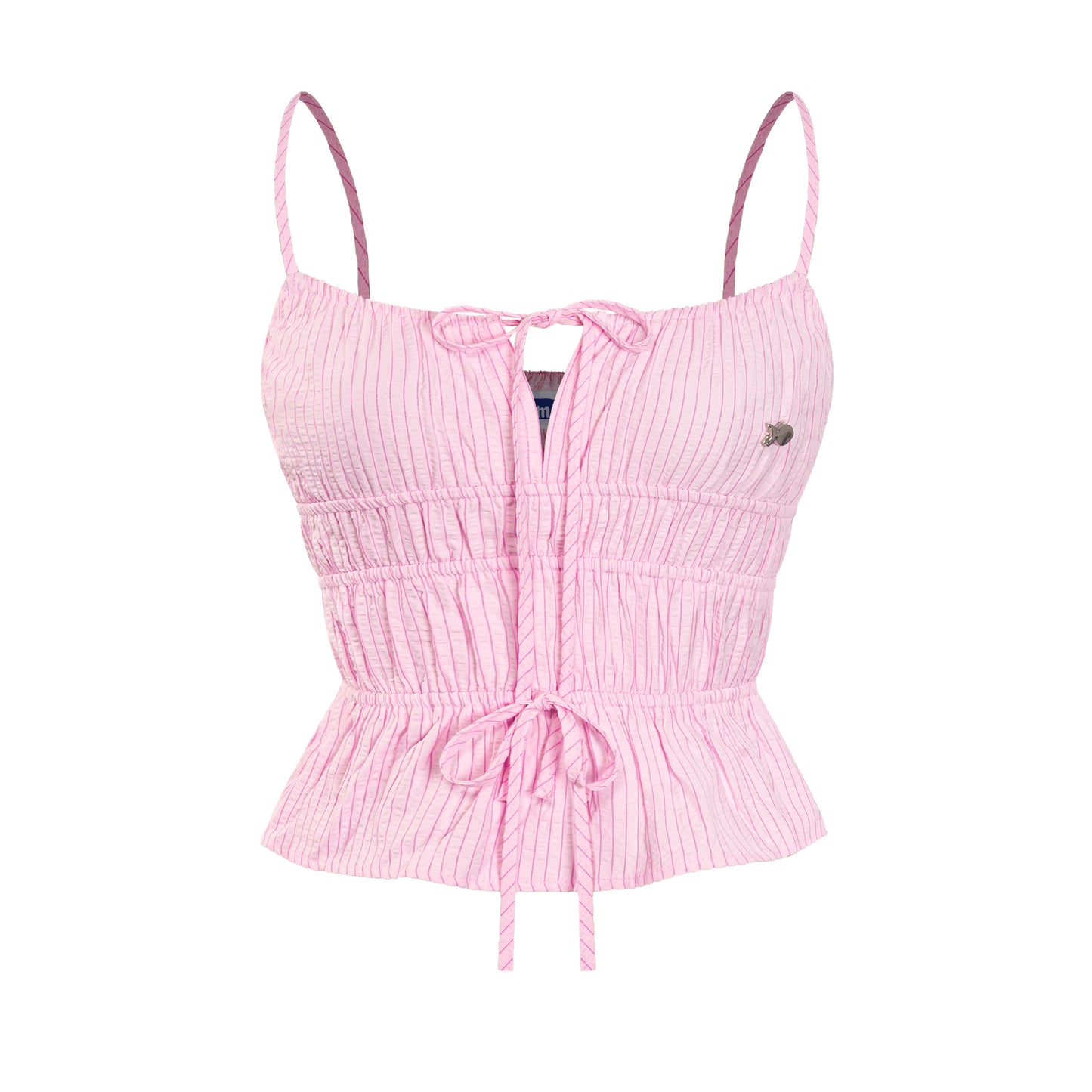 Pink ribbed tank top with thin straps on a white background