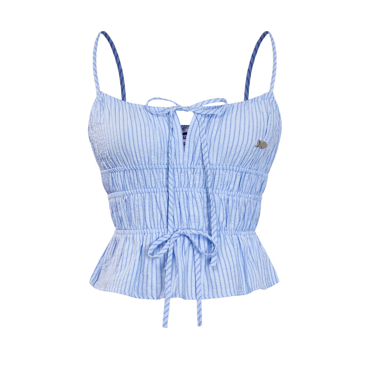 Light blue striped top with thin straps on a white background