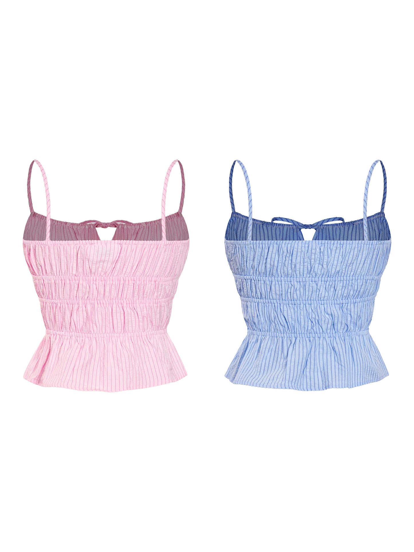 Two crop tops, one pink and one blue, on a white background
