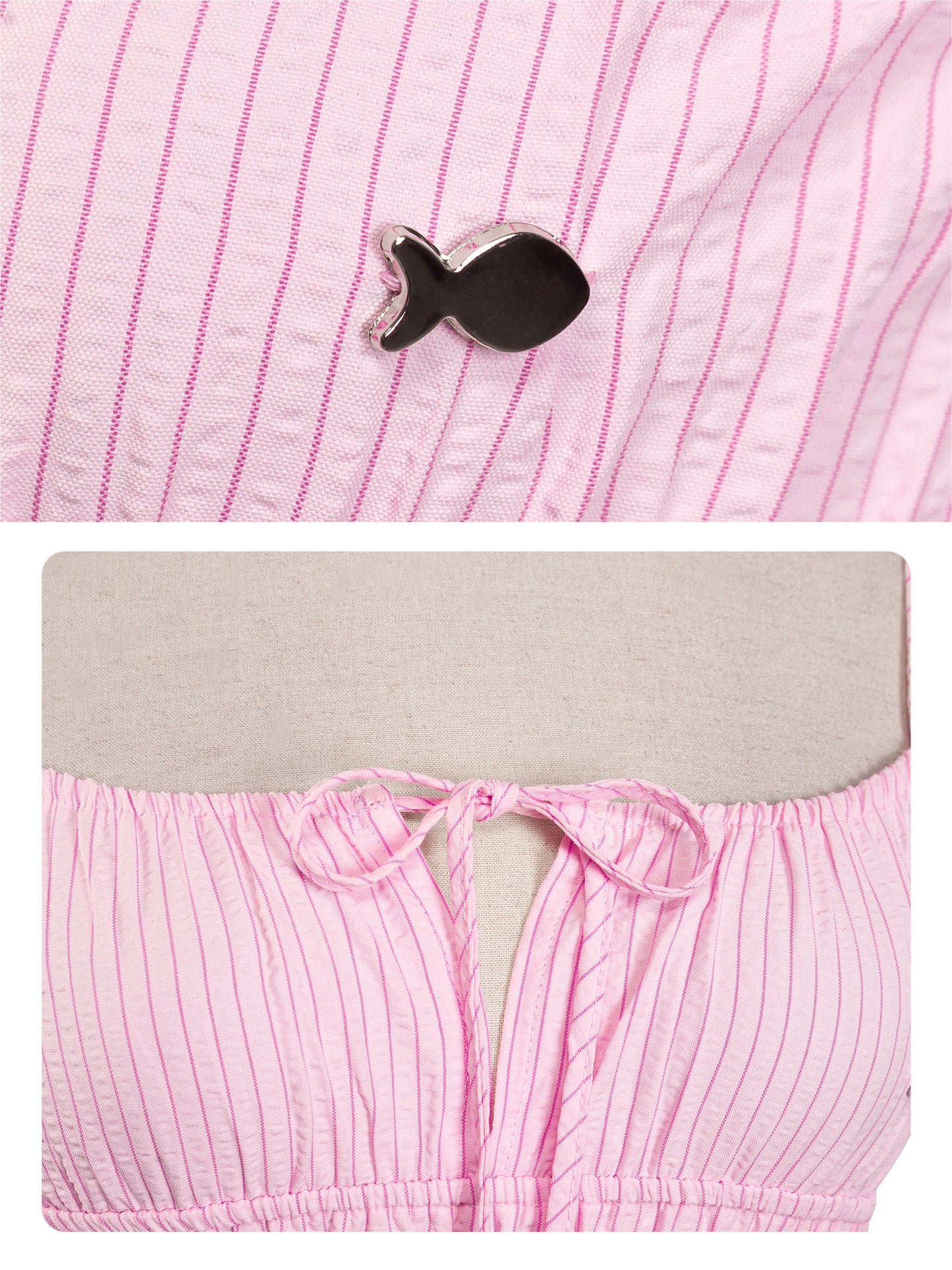 Pink striped fabric with a black fish-shaped brooch and pink shorts with a gray waistband.