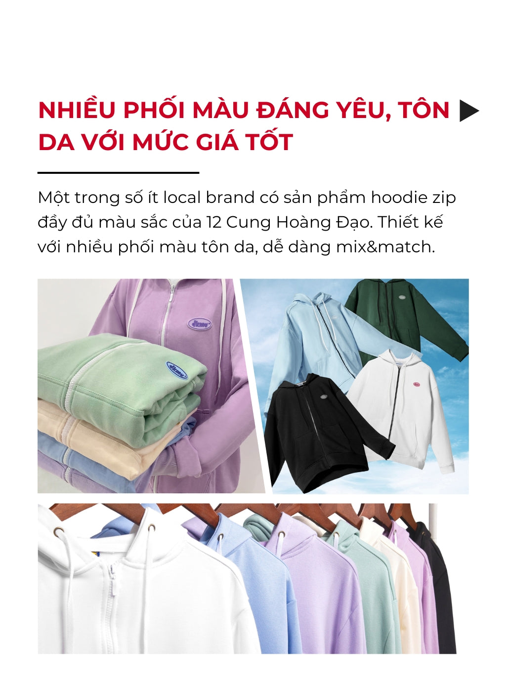 Collage of hoodies and jackets with text in Vietnamese about color options and brand.