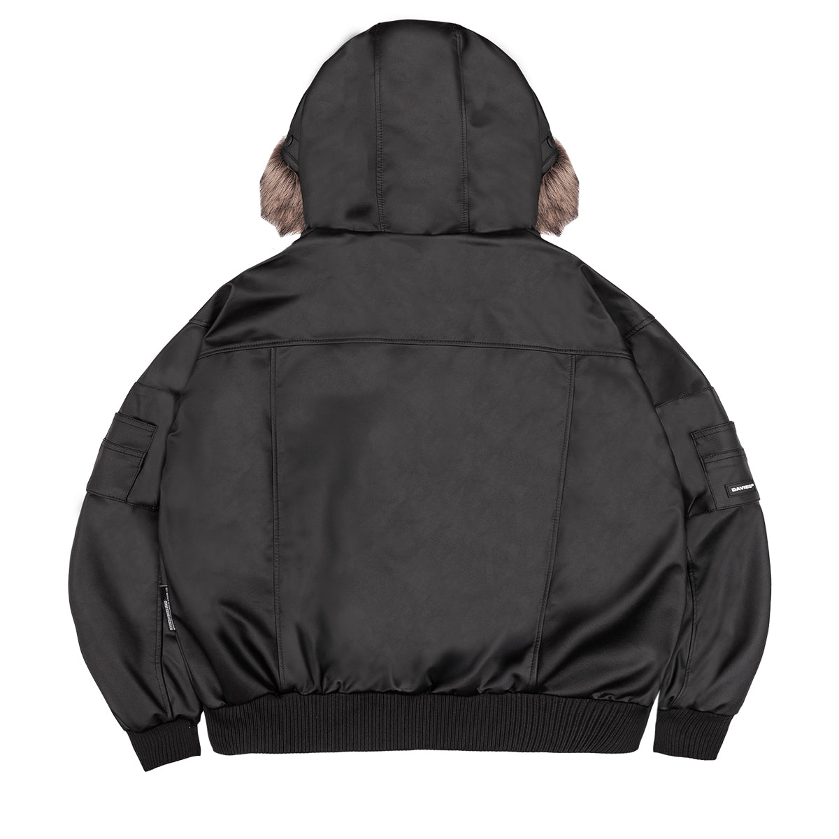 Black hooded jacket with fur lining on a white background