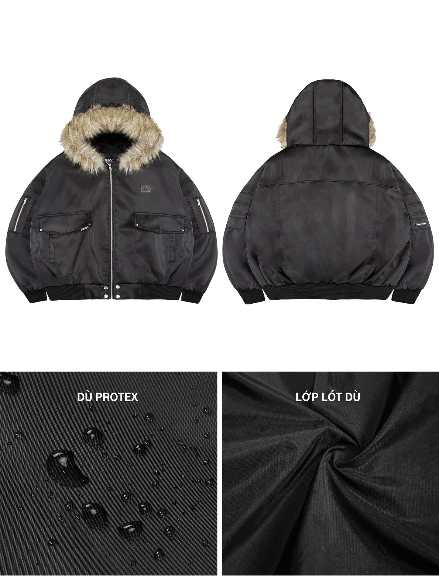 Black jacket with fur hood shown from front and back, with water droplet and fabric texture details.