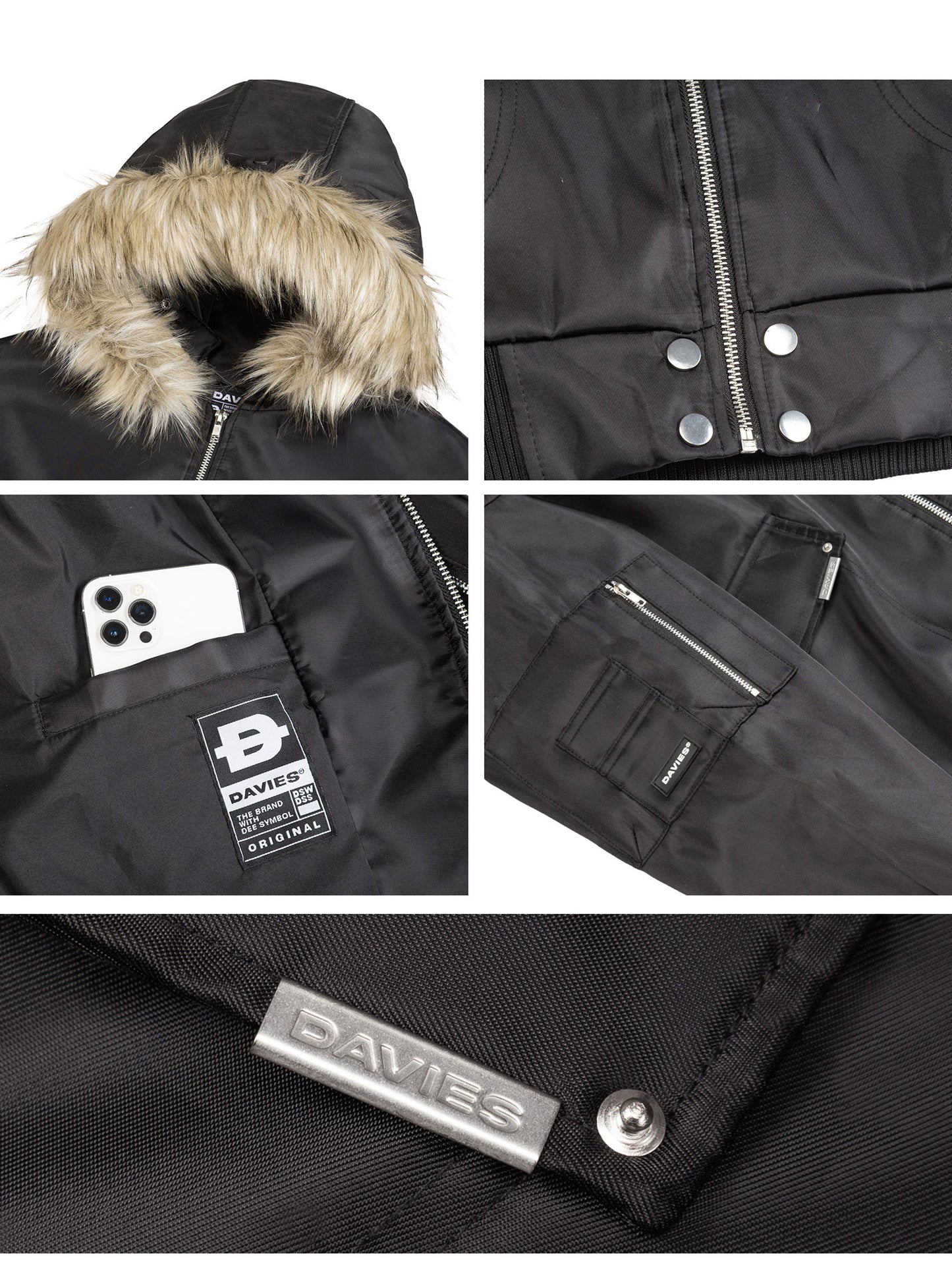 Collage of a black jacket with fur hood, zipper, and pocket details, featuring the brand 'DAVIES'.