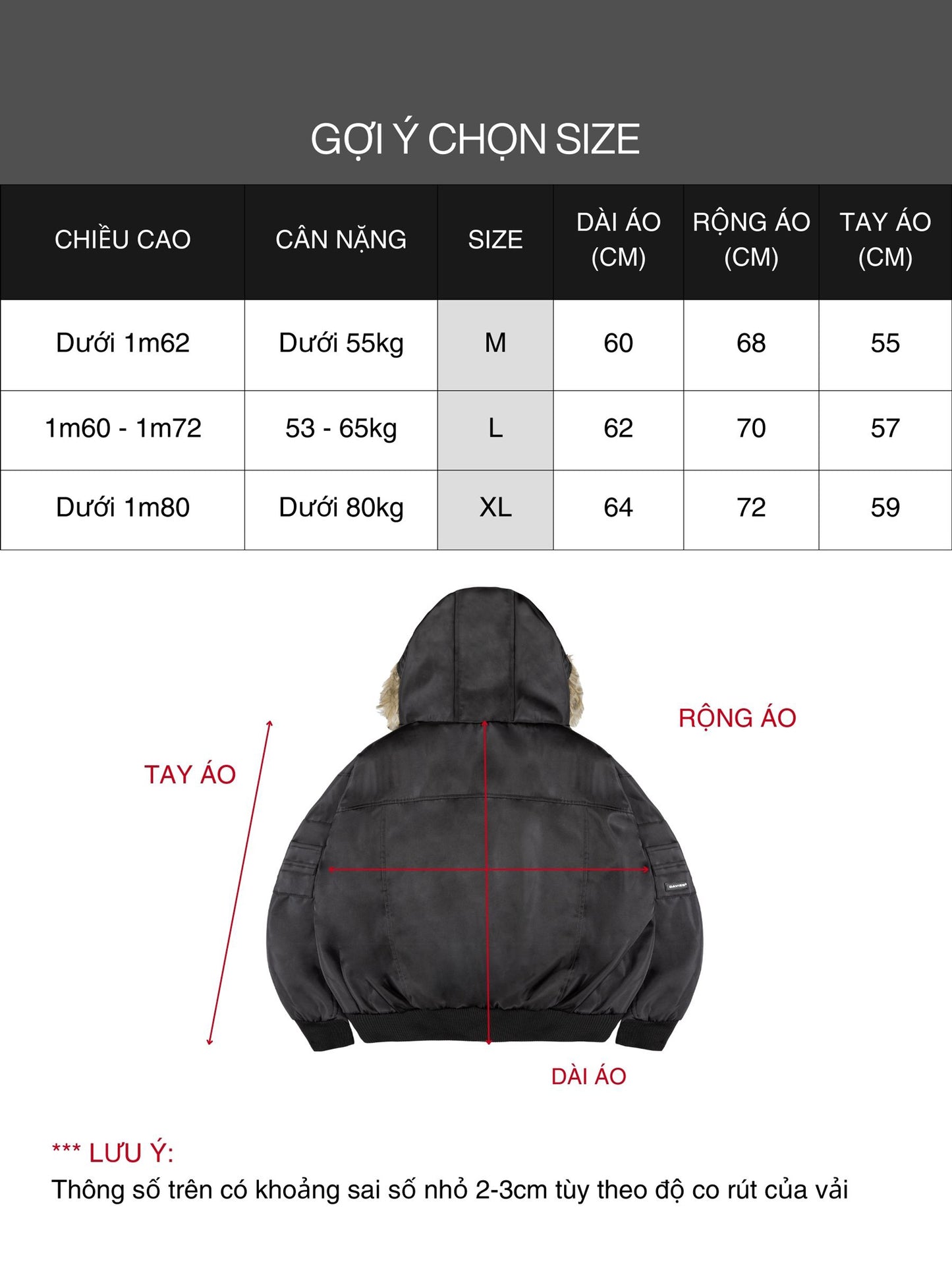Size chart for a jacket with measurements in centimeters