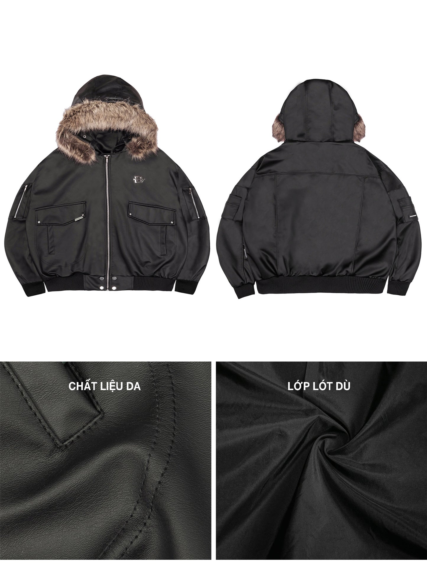 Black jacket with fur hood shown from front, back, and close-up of fabric texture.