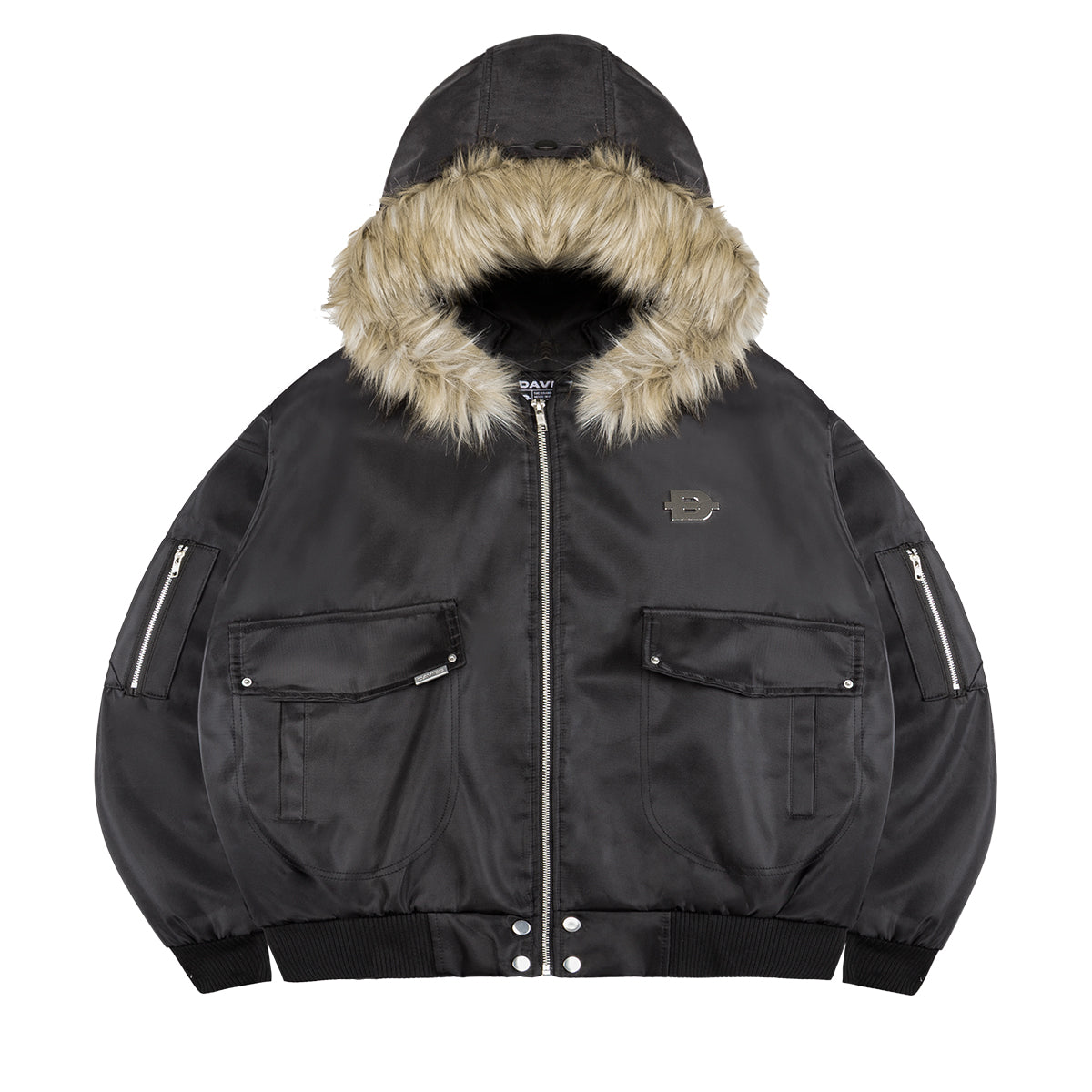 Black jacket with fur-lined hood on a white background