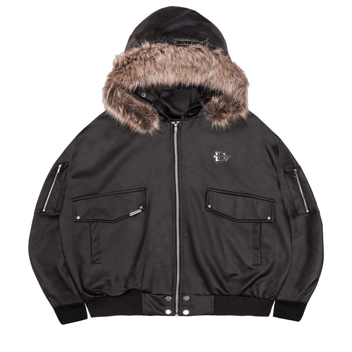 Black jacket with fur-lined hood on a white background