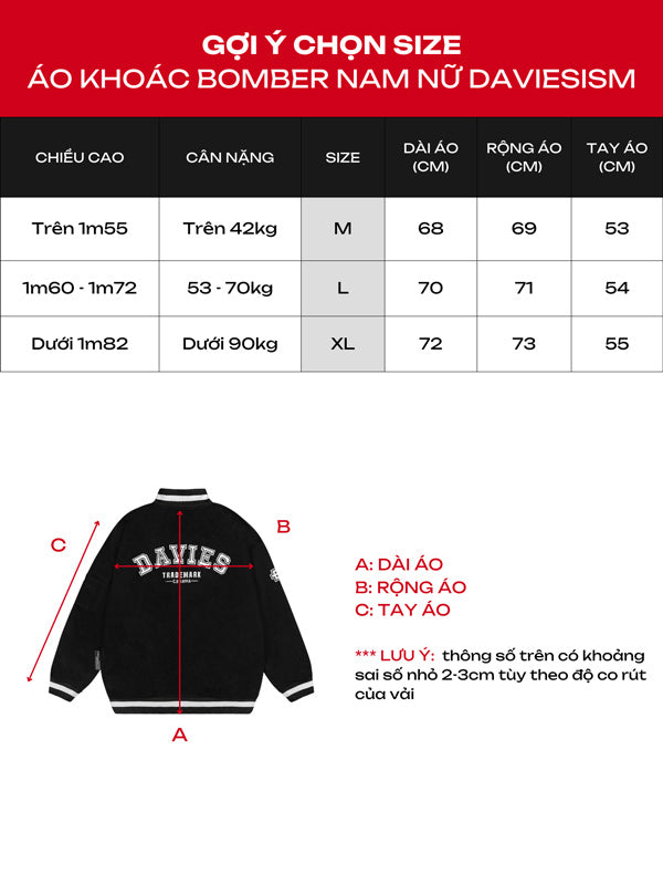 Size chart for Davies bomber jacket with jacket illustration and measurements.