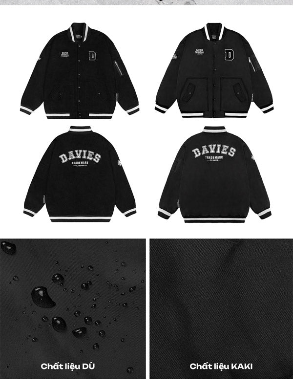 Black jacket with 'DAVIES' branding shown from multiple angles, with texture details displayed below.