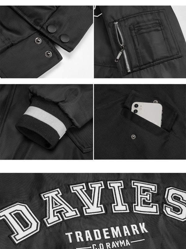 Collage of a black jacket with various details on a white background