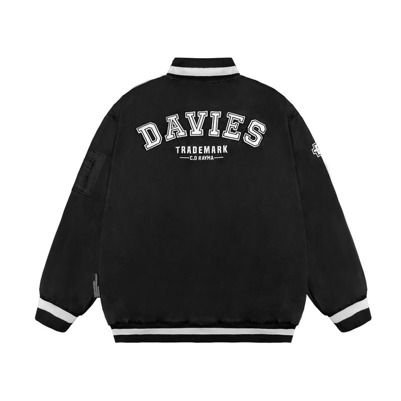 Black jacket with 'DAVIES' branding on a white background