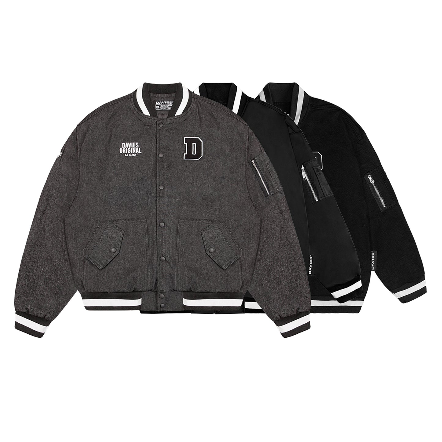 Gray varsity jacket with brand logo on a white background