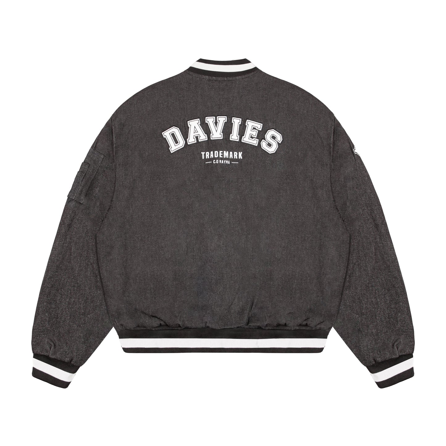 Gray jacket with 'DAVIES' branding on the back against a white background