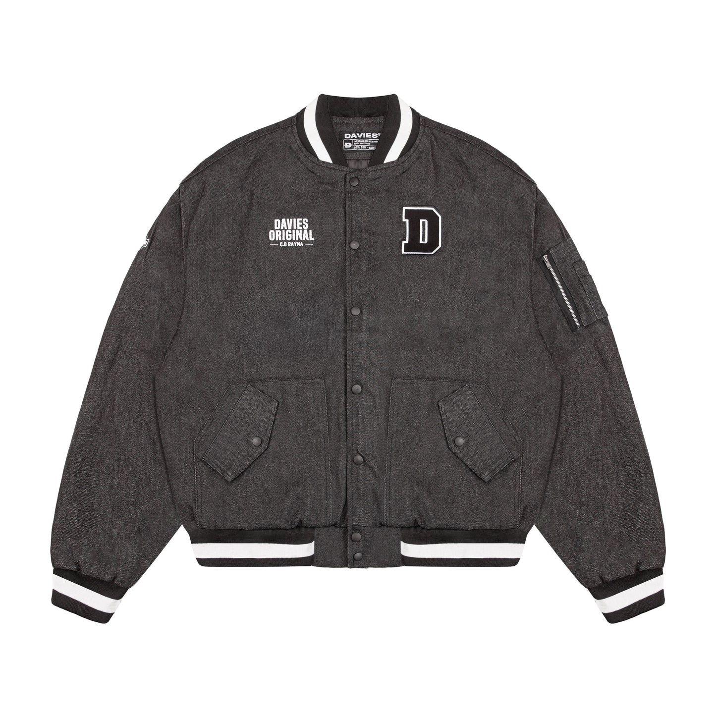 Gray varsity jacket with brand logo on a white background