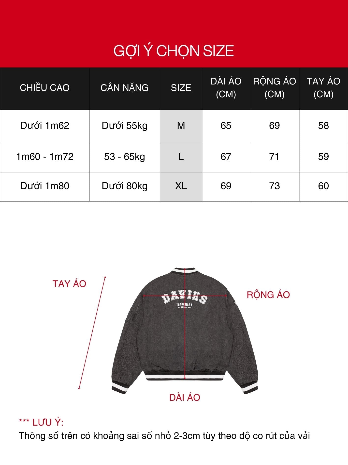 Size chart for a jacket with measurements and Davies branding
