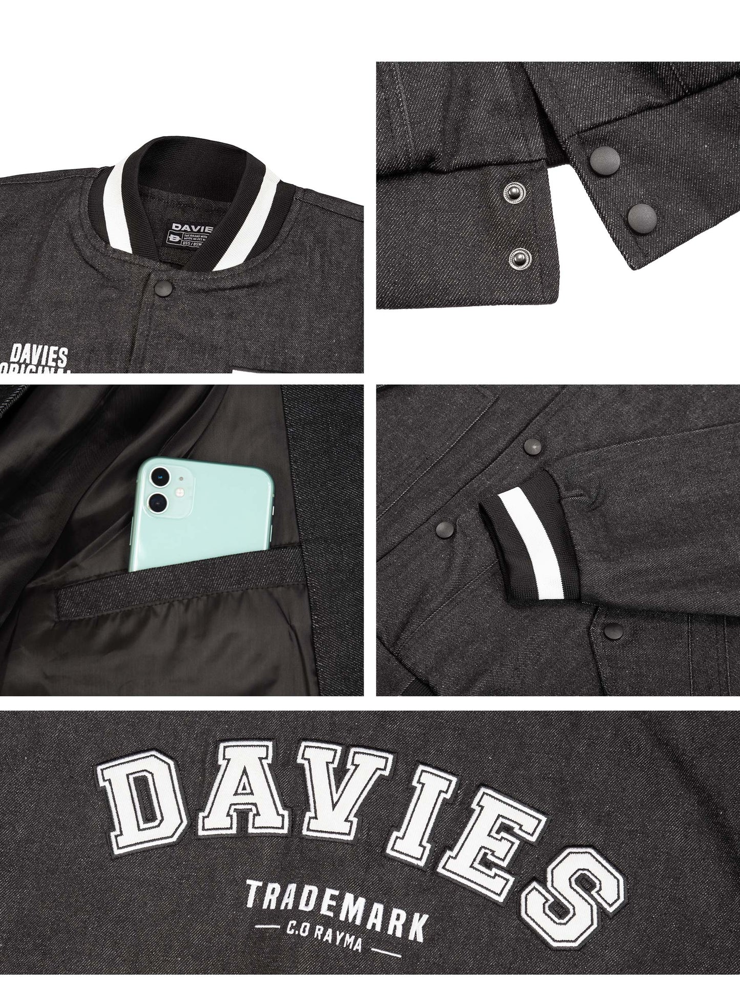 Collage of a black jacket with 'DAVIES' branding, showing different angles and features.