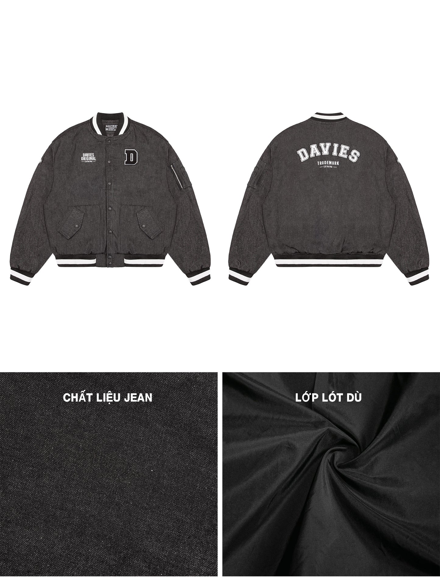 Black jacket with brand logo, fabric texture close-up, and material details on a white background