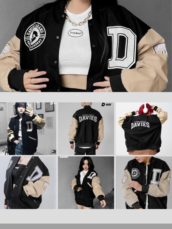Black and beige varsity jacket with 'DAVIES' branding worn by a person, displayed in multiple poses.