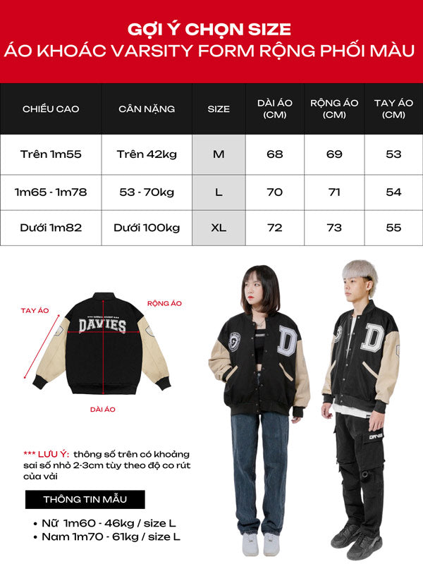 Size chart for varsity jackets with measurements and two people wearing the jackets.