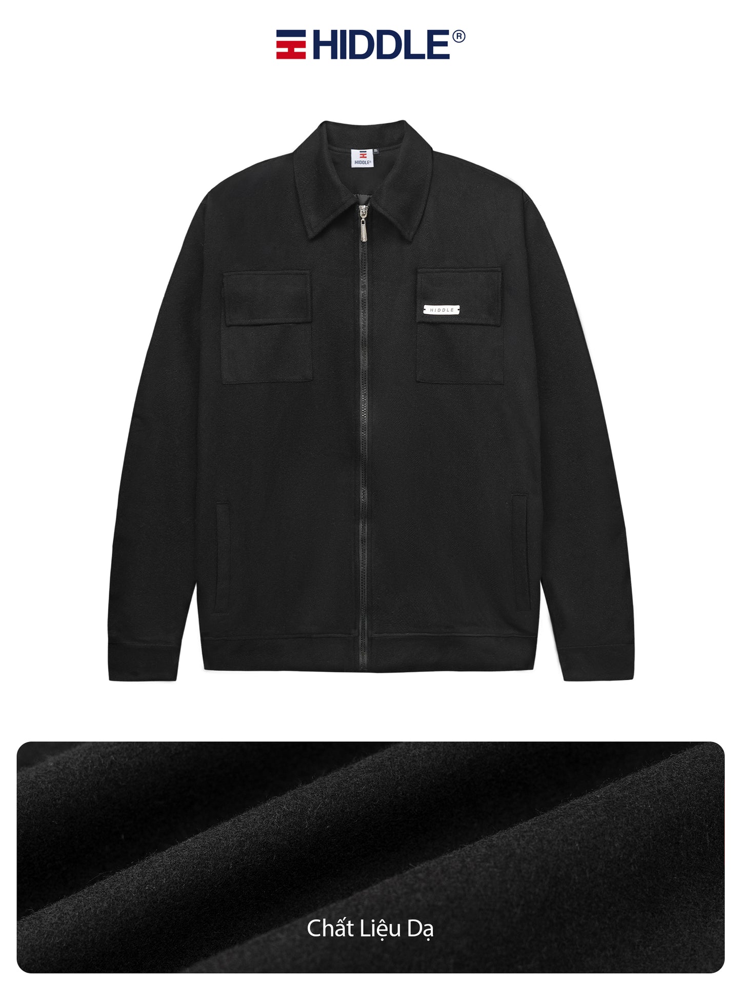 Black jacket with Hiddle logo on a white background