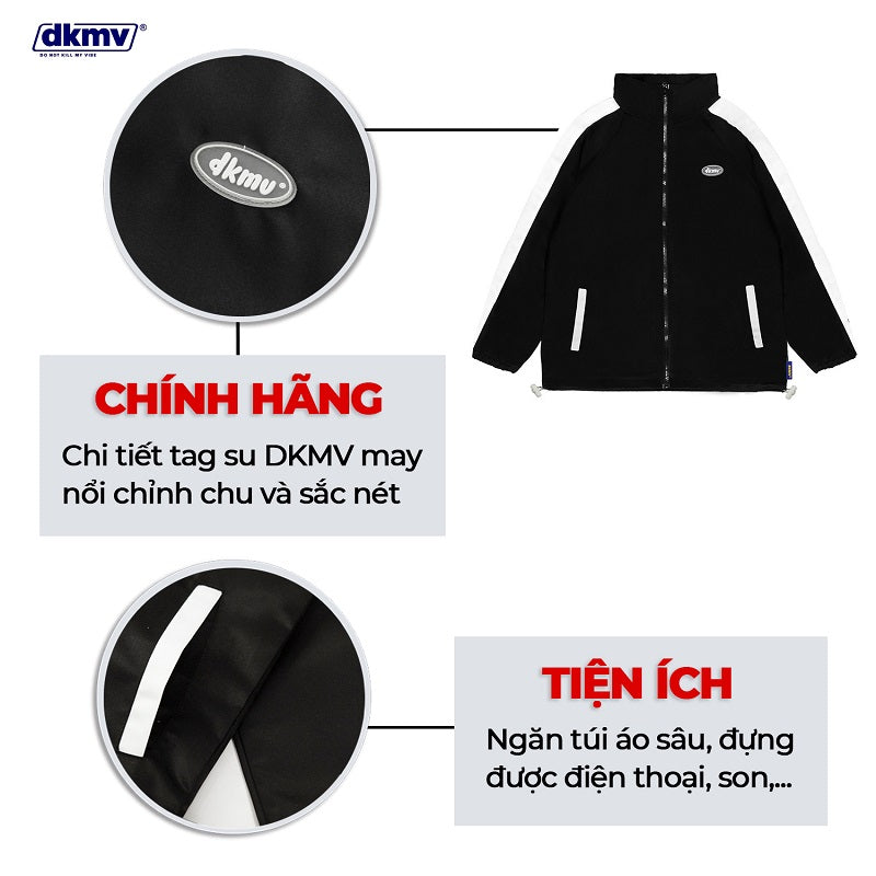 Black jacket with DKMV branding and product features on a white background