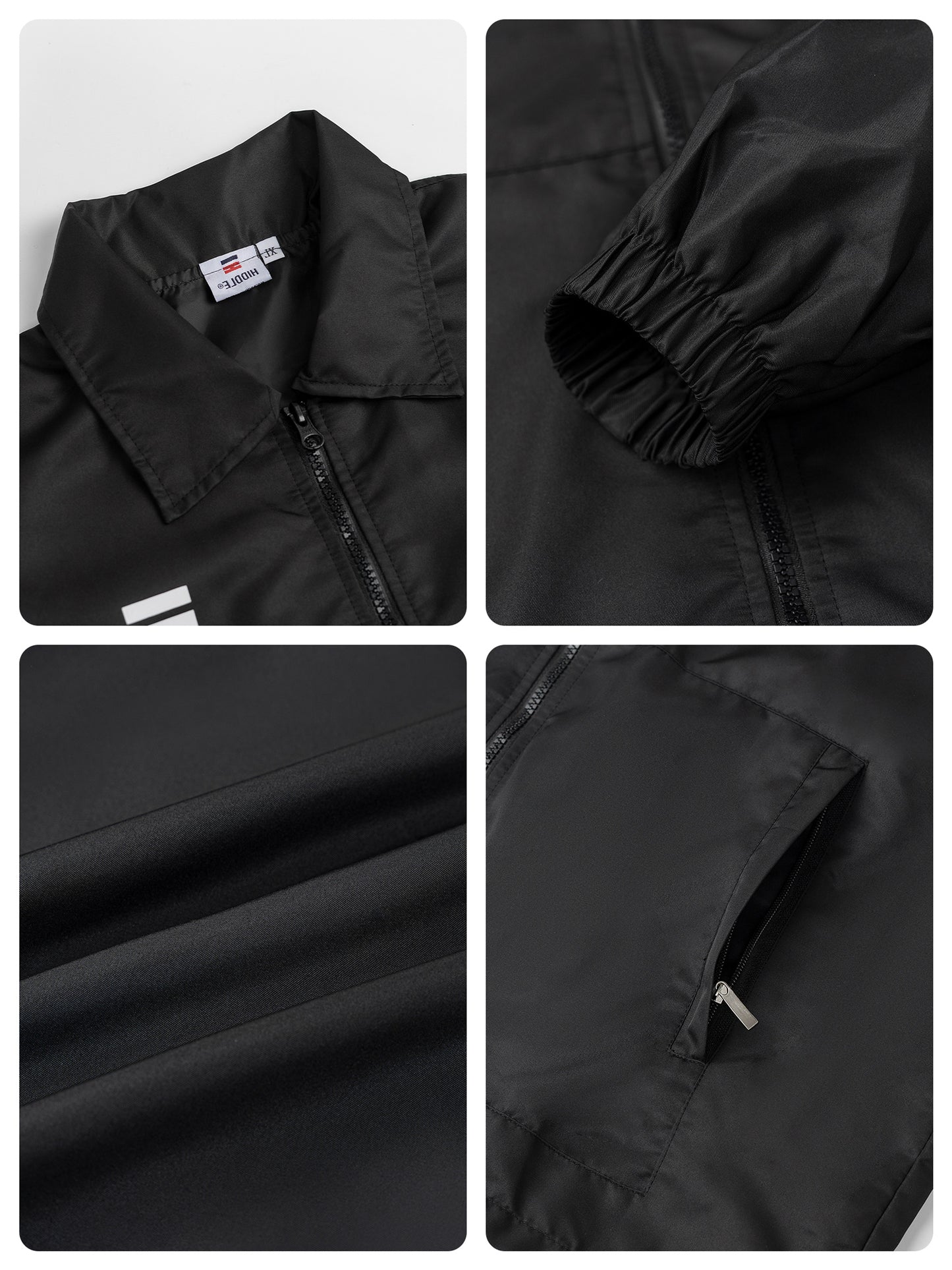 Collage of a black jacket with close-up details on a white background