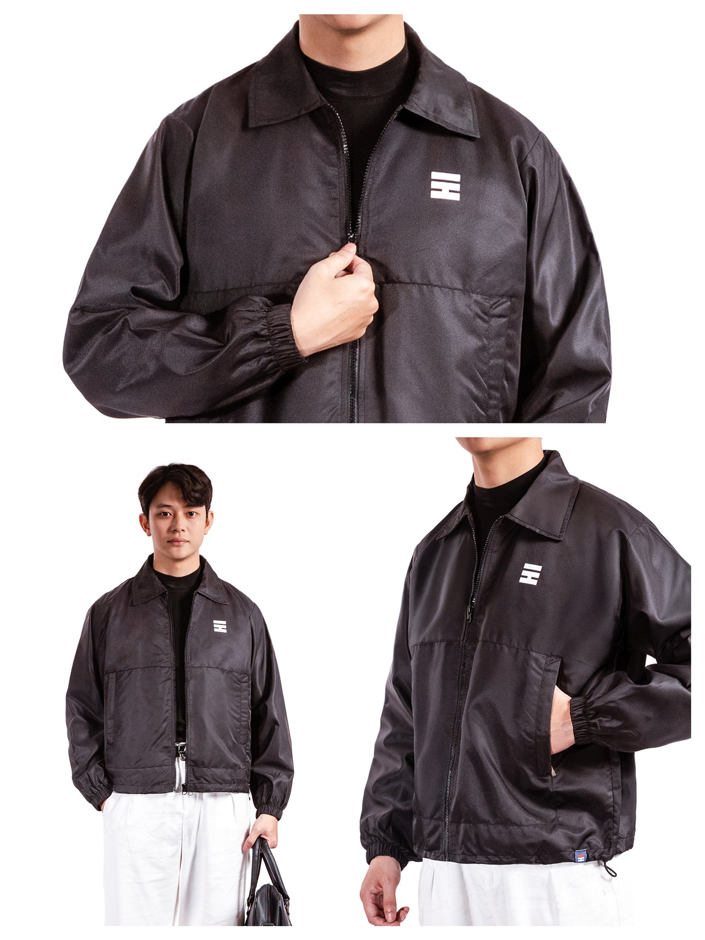 Black jacket with a brand logo worn by a person on a white background