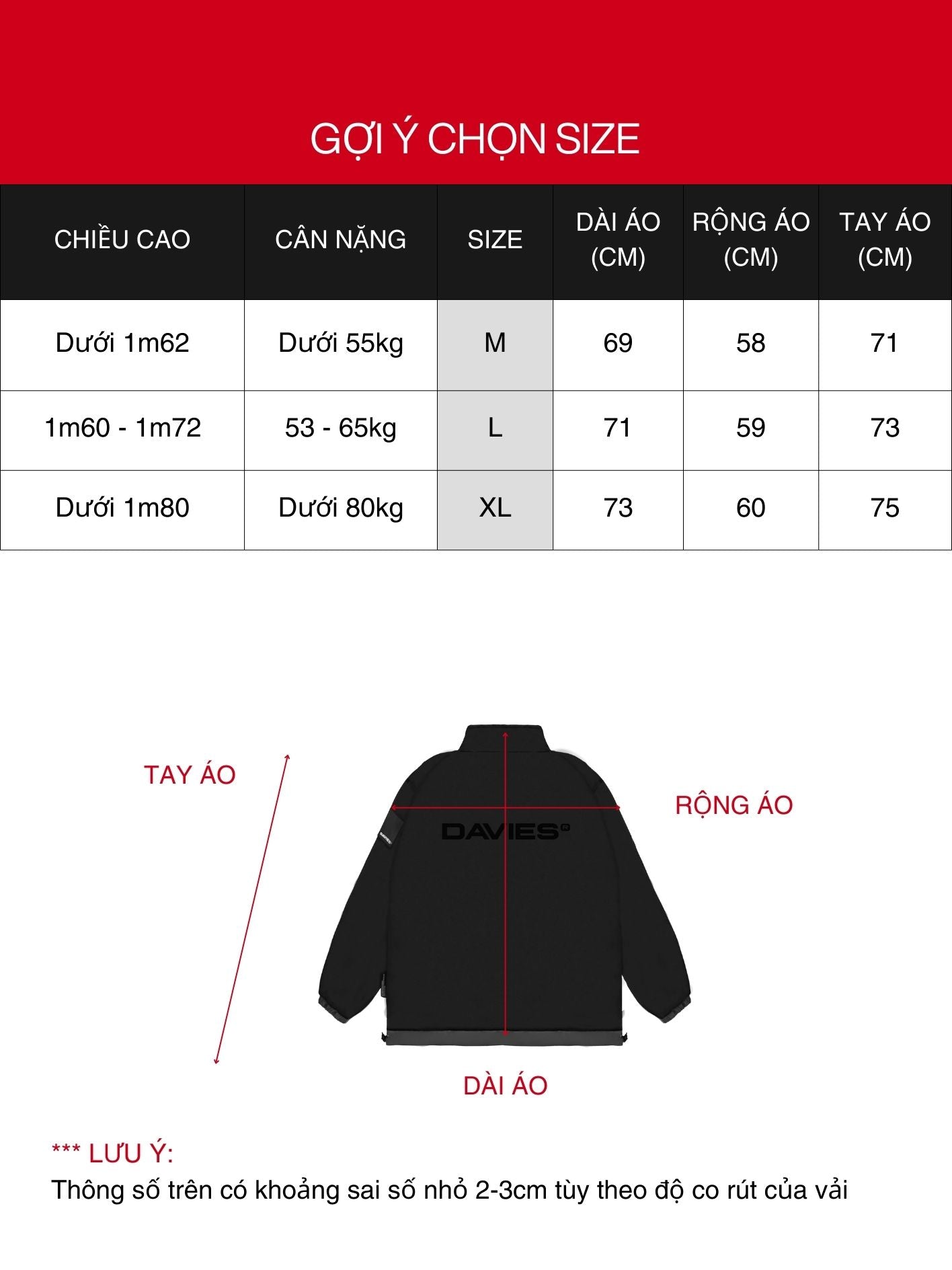 Size chart for a jacket with measurements in centimeters on a red and black background.