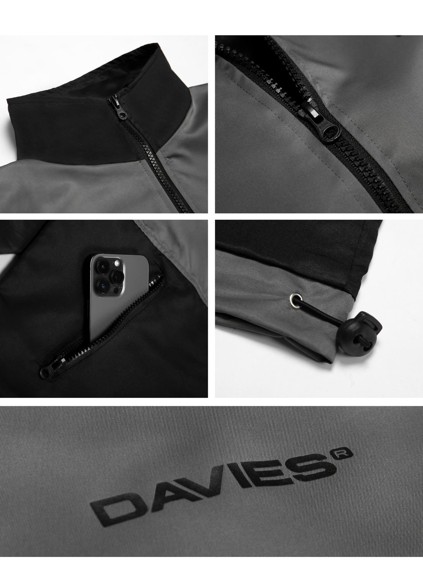 Collage of a gray jacket with close-up details and the brand 'DAVIES' visible.