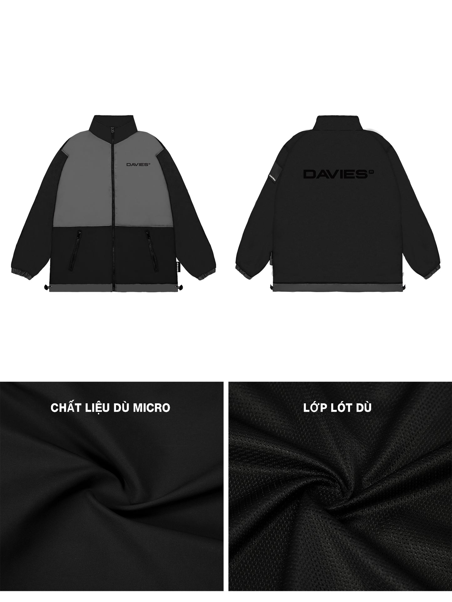 Black and gray jacket with 'DAVIES' branding, shown from front and back, with fabric texture details.