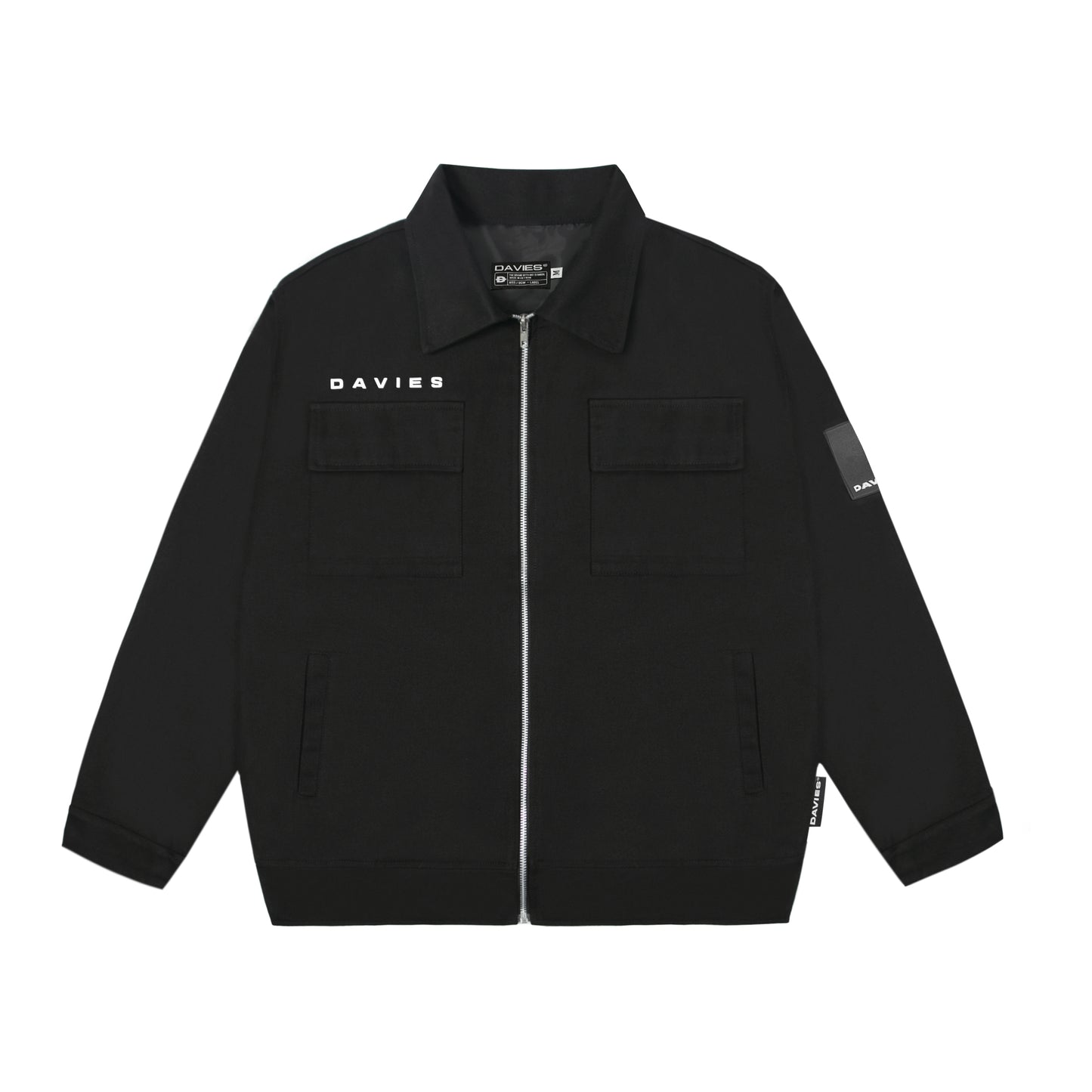 Black jacket with 'DAVIES' branding on a white background