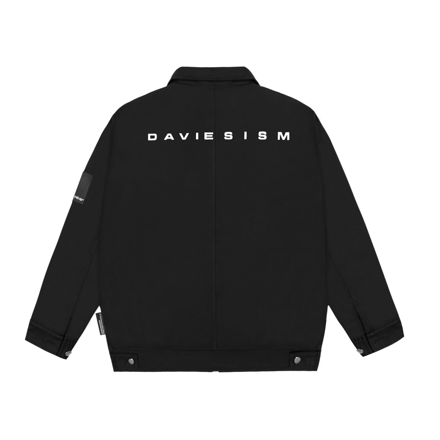 Black jacket with 'DAVIESISM' branding on the back against a white background