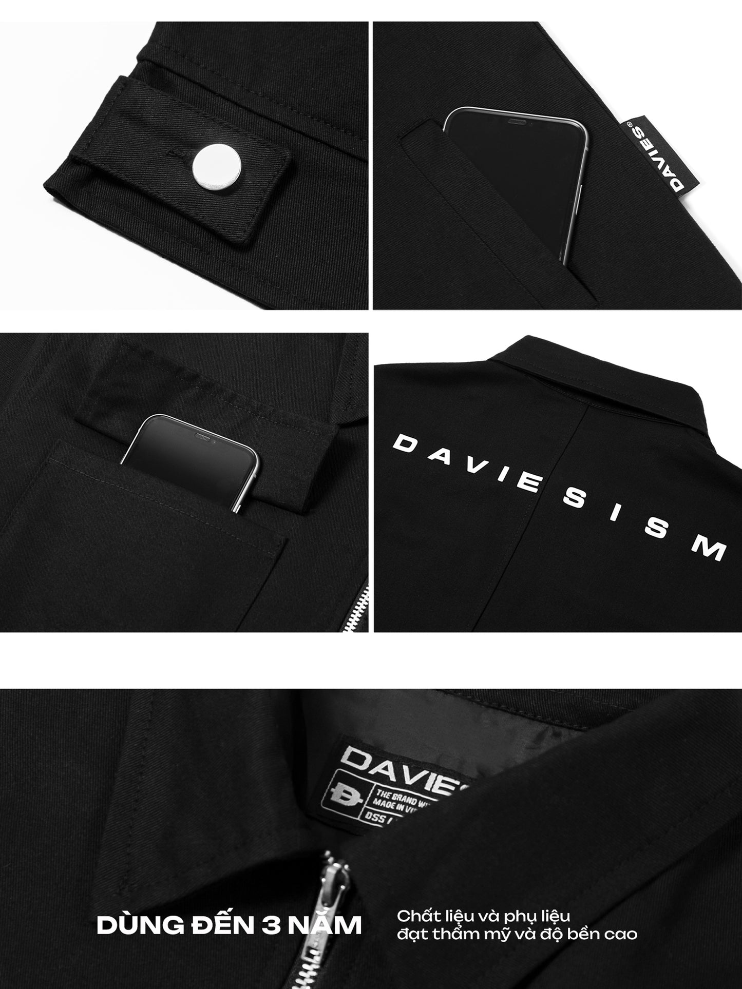 Black jacket with 'DAVIES ISM' branding and details on a black background