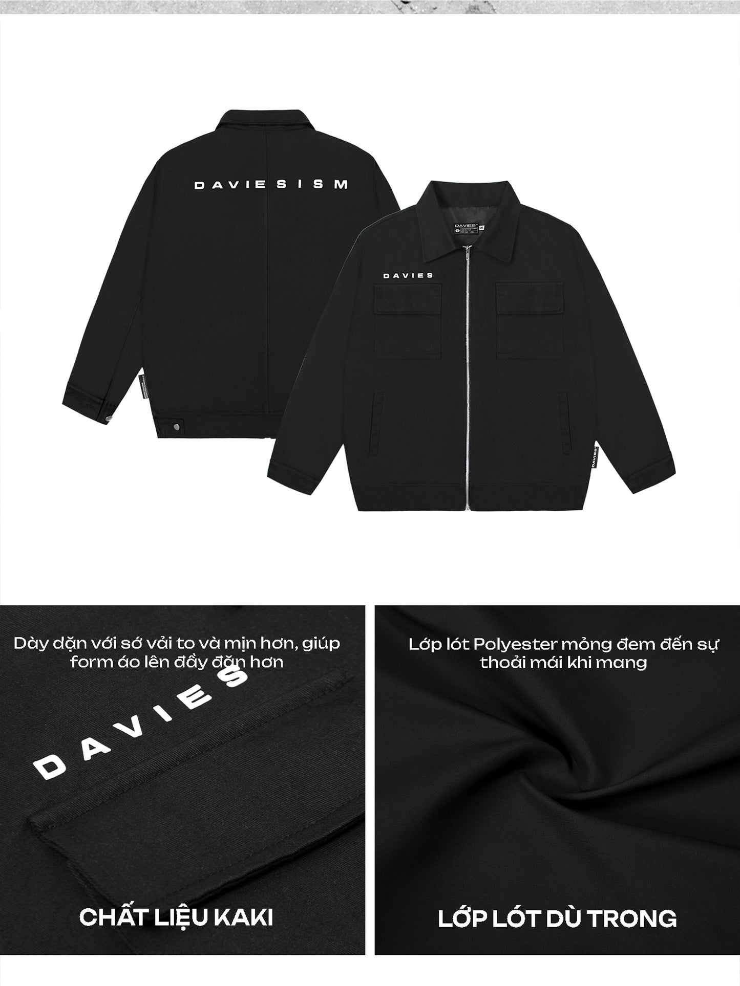 Black jacket with 'DAVIES' branding on a white background