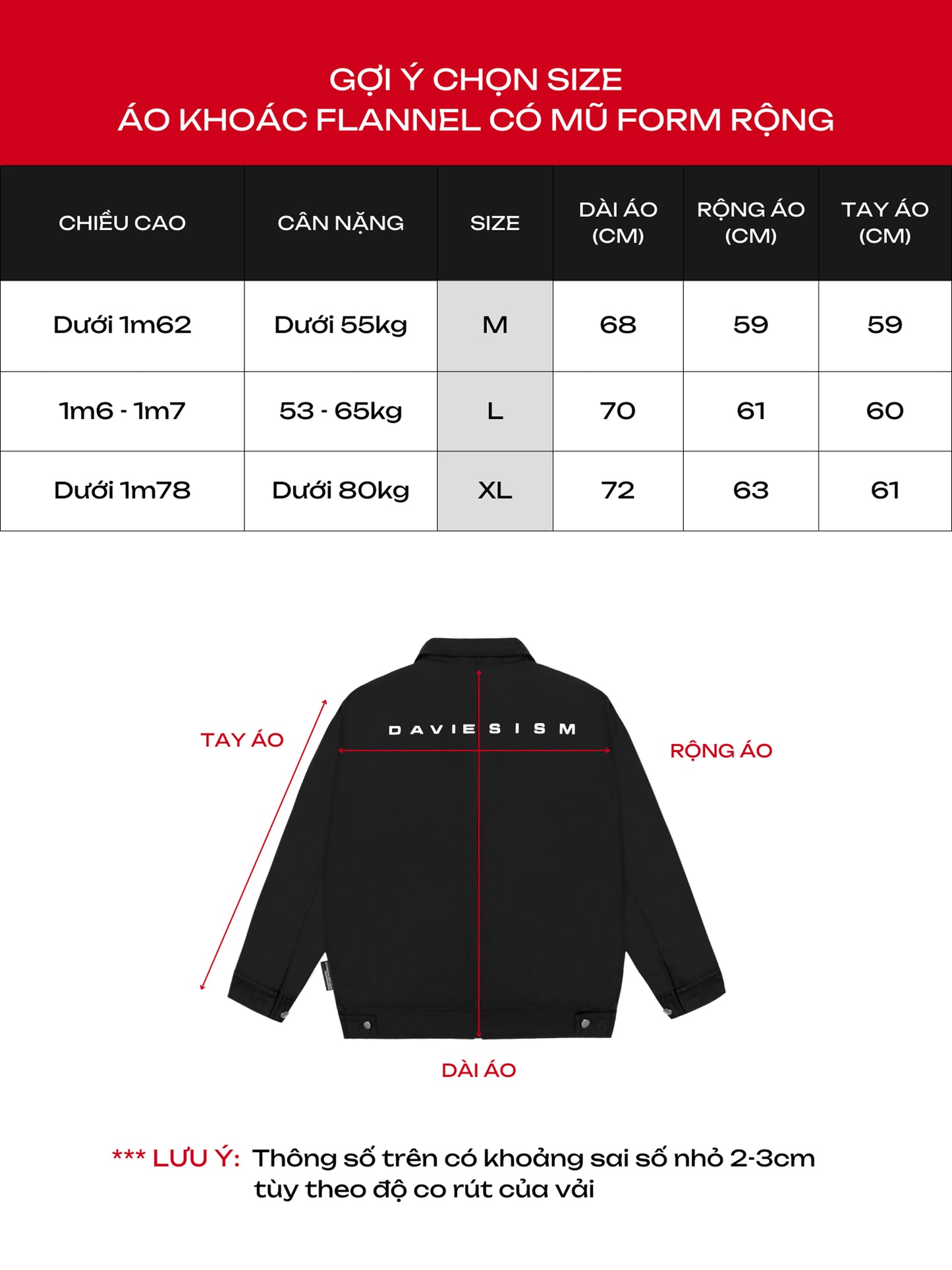 Size chart for flannel shirts with a black jacket illustration on a red and white background.